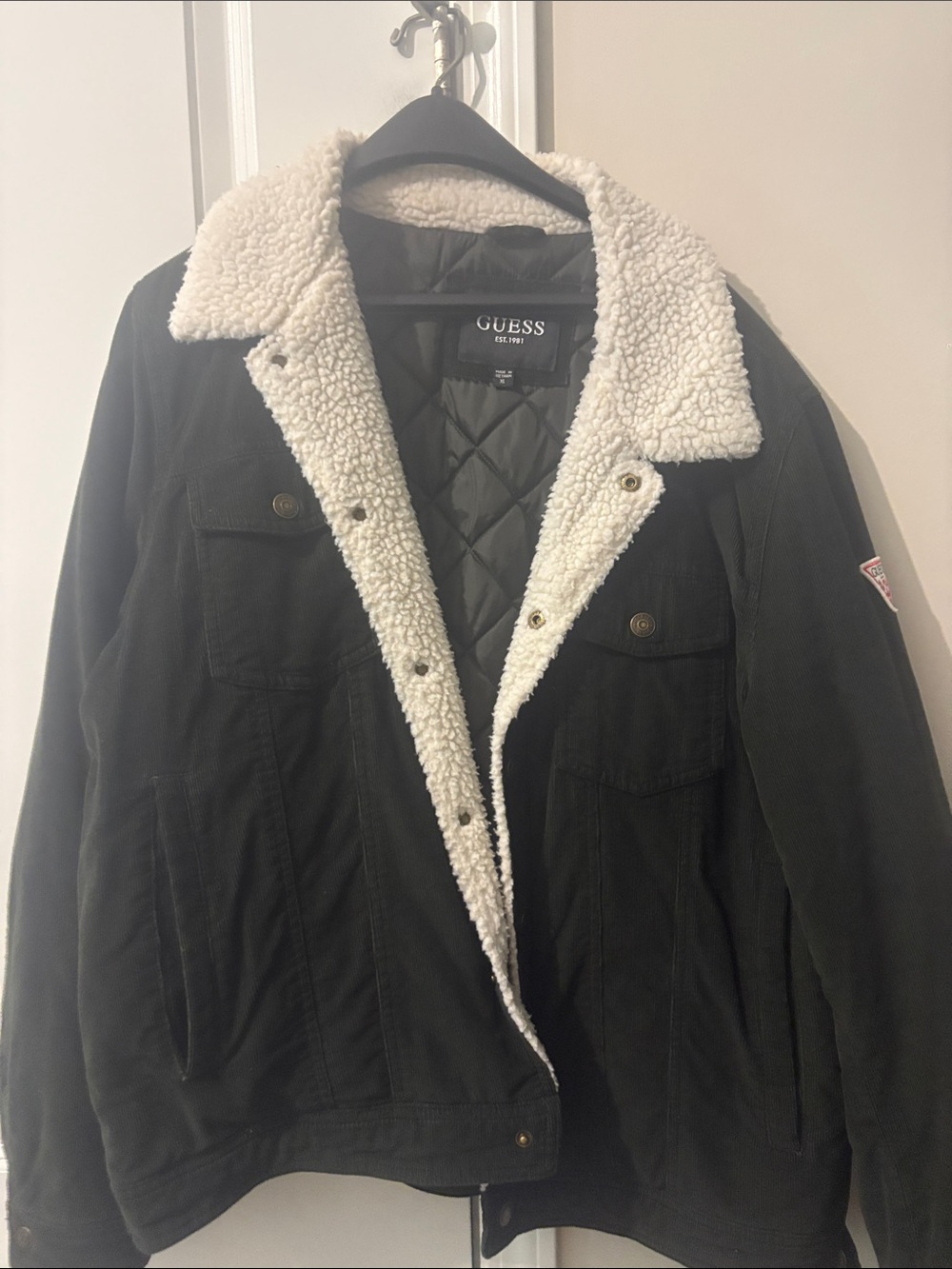 GUESS Black Corduroy Bomber Jacket with Cream Sherpa Lining
